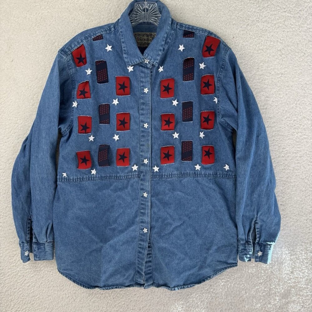 Vintage 90’s Tantrum Blues Denim Ribbon Woven Shirt Red Size Medium Patriotic